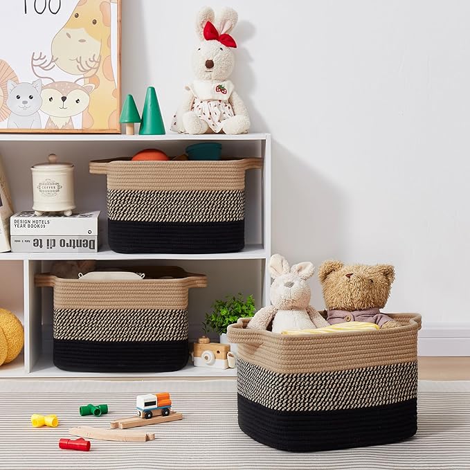 Storage Basket for Organizing, Woven Baskets for Storage, Rectangle Decorative Baskets for Shleves, Closet, Toys, Books, Nursery Organizer Bins - Pack of 3 (Black & Brown, 13"x9.85"x8.7")