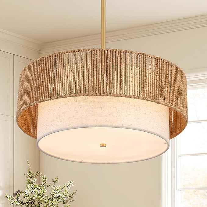 18" Drum Chandelier Dining Room Light Fixture with Rattan Shade,3-Light Modern Kitchen Table Light Fixture for Bedroom, Bathroom, Living Room