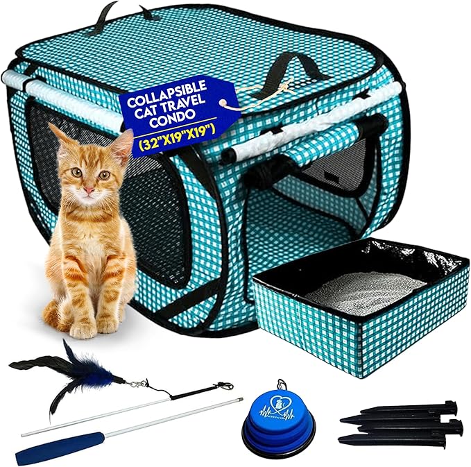 Pet Fit For Life Extra Large Cat Carrier for Travel - Foldable & Portable Collapsible Kennel with Litter Box, Feather Toy & Water/Food Bowl - Ideal for Cars, Long Trips & Indoor Cats - Teal Checkers