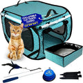 Pet Fit For Life Extra Large Cat Carrier for Travel - Foldable & Portable Collapsible Kennel with Litter Box, Feather Toy & Water/Food Bowl - Ideal for Cars, Long Trips & Indoor Cats - Teal Checkers