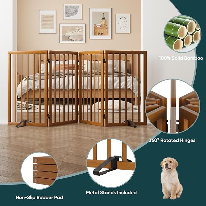 32" H Extra Tall Freestanding Dog Gates Indoor, 4-Panel Bamboo Wood Door Gates for Pets with 2 Metal Stands and 360°Hinge, Folding Pet Barrier for Stairs, Doorways, Kitchen 74" W x 32" H - Walnut