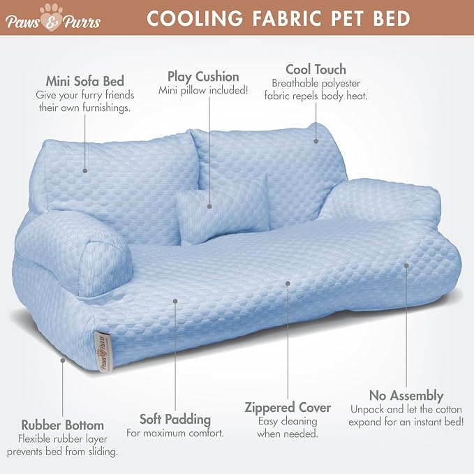 Paws & Purrs Cooling Pet Sofa Bed for Small Dogs or Cats, Breathable Fabric, Supportive Bolsters, Removable Washable Cover, Non-Slip Base, Sofa Pet Lounger Includes Mini Play Cushion, Blue