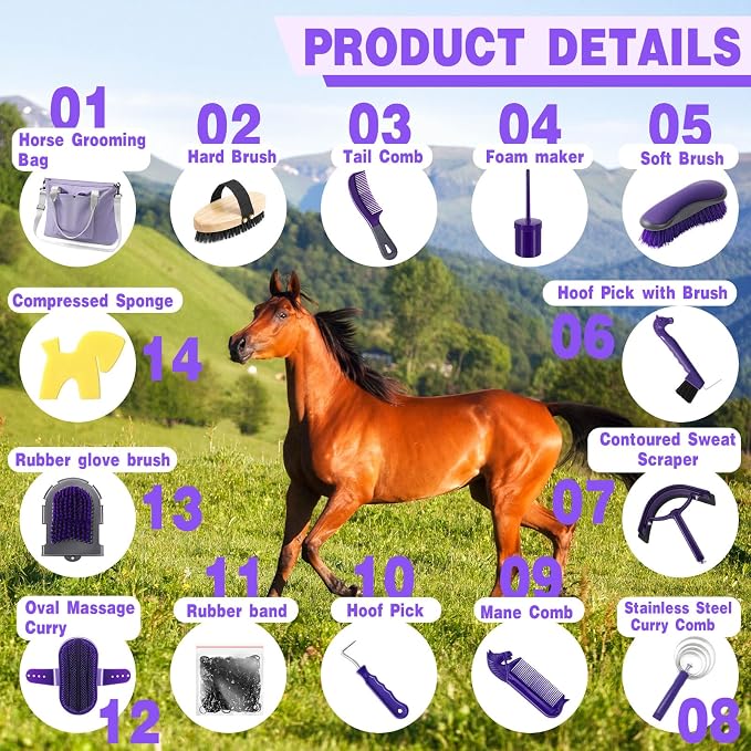 Abbylike 15 Pieces Horse Grooming Kit with Organizer Tote Bag Tack Room Supplies Horse Brush Sets Care Equine Cleaning Kit Shedding Grooming Massaging Tools(Purple and Grey)