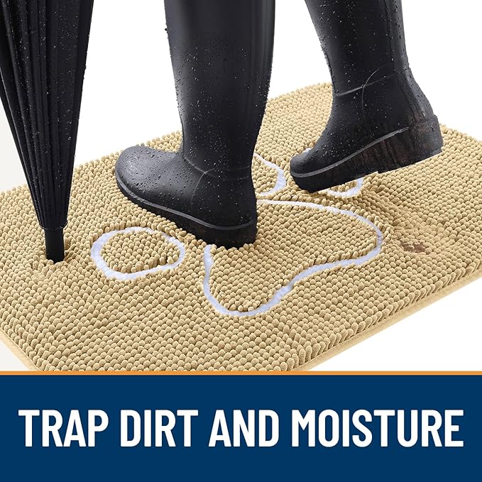 OLANLY Dog Door Mat for Muddy Paws 35x24, Paw Print Design, Absorbs Moisture and Dirt, Absorbent Non-Slip Washable Doormat, Quick Dry Chenille Mud Mat for Dogs, Entry Indoor Entryway Carpet, Beige
