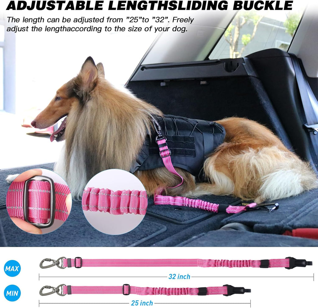 AUBELL Dog Seat Belt for Car,2 Pack Set 3-in-1 Adjustable Reflective Bungee Heavy Duty Dog Car Harness Tether with Clip Hook Latch & Buckle,Swivel Zinc Alloy Carabiner,Black+Hotpink
