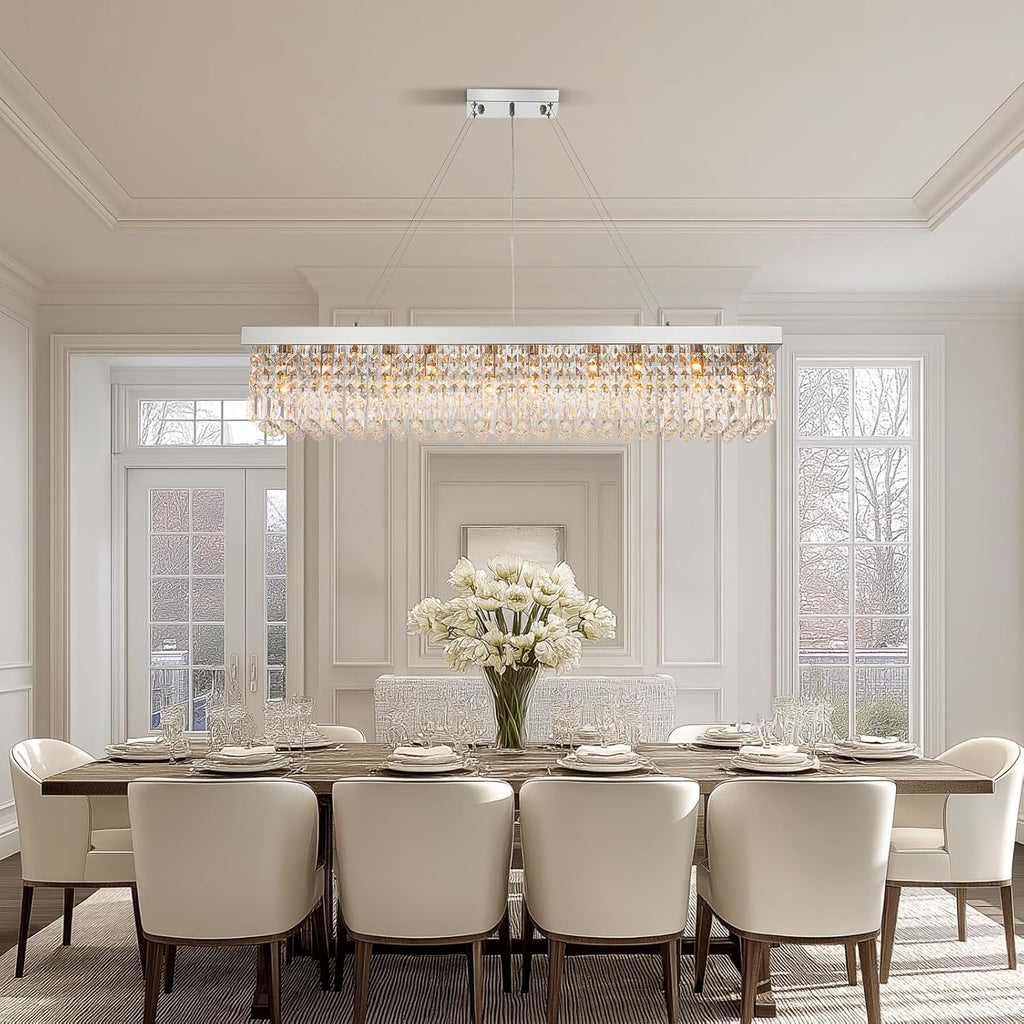 Rectangle K9 Crystal Chandelier,10 Lights Modern Rectangular Hanging Ceiling Pendant Light Fixture for Dining Room Kitchen Island,Polished Chrome Finish L47''xW10''xH10''