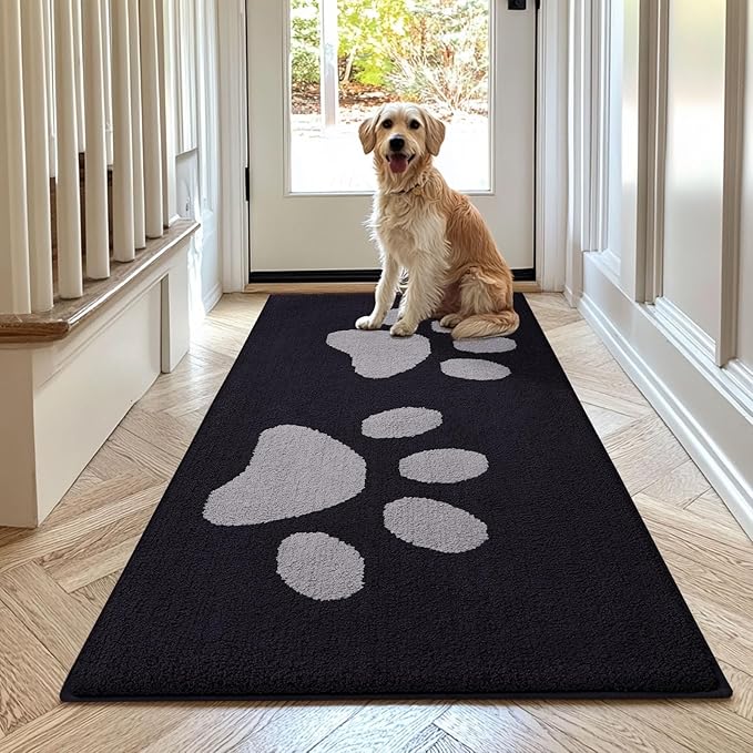 Buganda Dog Door Mat for Muddy Paws, Absorbent Dirt Trapper Washable Indoor Doormats, Non Slip Low-Profile Mud Mat for Dogs, Front Entrance Doormat for Inside Floor (70x24 Inches, Black and Grey)