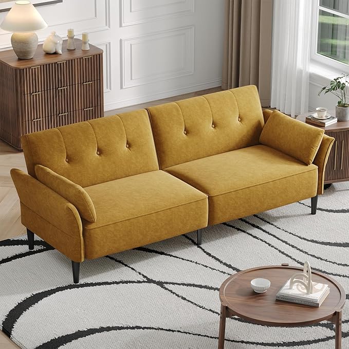 89” Futon Sofa Bed, Comfy Futon Couch Bed with 2 Square Pillows,Convertible Sleeper Sofa with Adjustable Backrest& Armrests, Modern Loveseat Sleeper for Living Room,Velvet Fabric Yellow