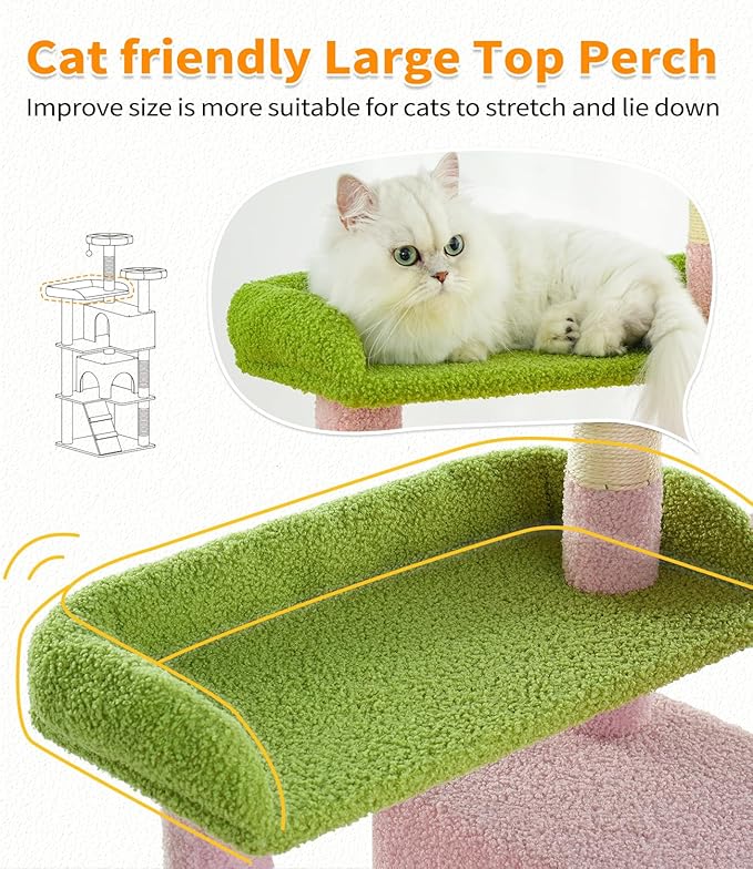 Made4Pets Cat Tree Tower 56" Cat Tower for Indoor Cats Kitten Tree Multi-Level Cat Tree with 2 Condo Furniture Activity Center with Scratching Posts Funny Toys (Pink Flower Green)