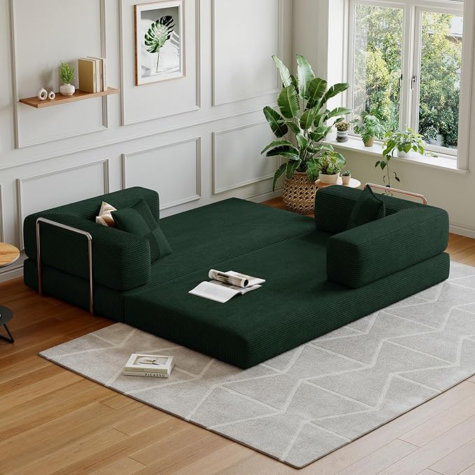 78.8''Convertible Sleeper Sofa Bed,Compressed Floor Boneless Couch,Modular Modern Corduroy Sofa for Living Room Bedroom -with Fixed-Shape Frame and Support Armrest,Easy Assembly(Dark Green)