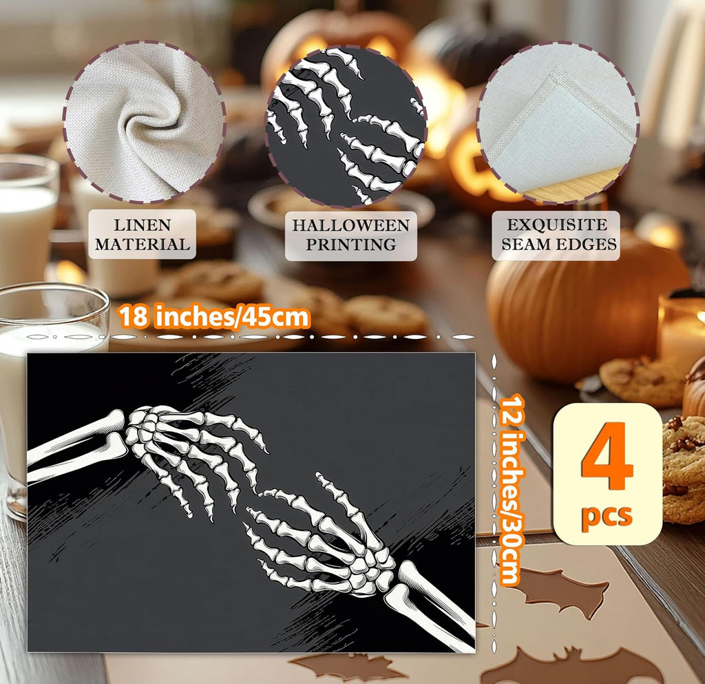 Halloween Skeleton Placemats Set of 4, 12x18 Inch Skeleton Decorative Table Mats, Washable Heat Resistant Place Mats for Kitchen Dining Table, Spooky Themed Decoration for Home-B13