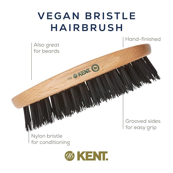 Kent V22 Vegan Boar Bristle Hair Brush and Beard Brush for Men, Eco Friendly Wave Brush and Travel Brush for Smoothing Hair and Taming Beards (8.5")