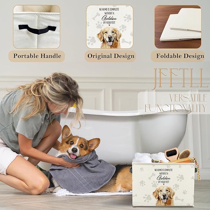 Funny Golden Retriever Dog Toy Basket, Dog Home Decor, Golden Retriever Lovers Gifts Collapsible Pet Dogs Toy Storage Bin Box Basket Organizer, Pet Supplies for Dogs
