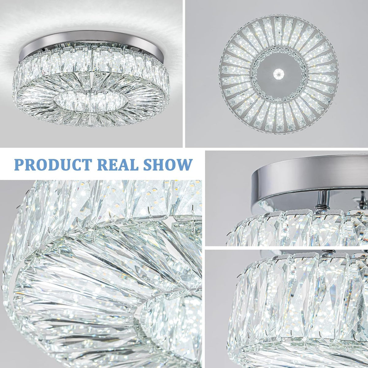 16.5" Crystal Chandelier LED Modern Flush Mount Ceiling Light Fixtures Round Ring Luxury Large Chandelier for Living Room Bedroom Dining Room Entrance (Cool white-16.5")