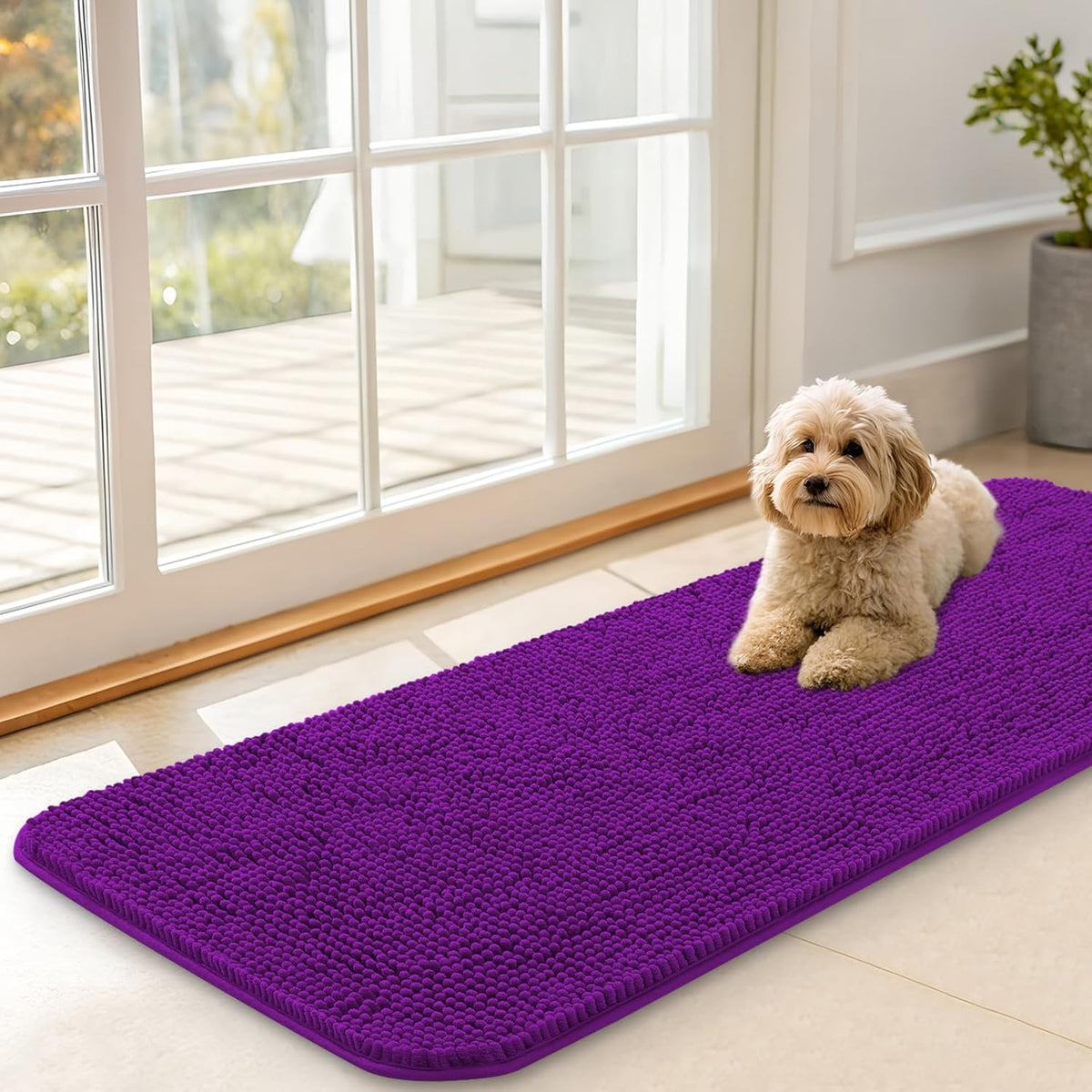 OLANLY Dog Door Mat for Muddy Paws 47x17, Absorbs Moisture and Dirt, Absorbent Non-Slip Washable Doormat, Quick Dry Chenille Mud Mat for Dogs, Entry Indoor Entryway Carpet for Inside Floor, Purple