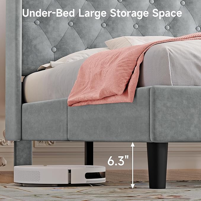 koorlian Queen Bed Frame with Headboard, Adjustable Velvet Upholstered Bed Frame with Type-C&USB Ports, Wingback Storage Headboard, Solid Wood Slats Support, No Box Spring Needed, Light Gray