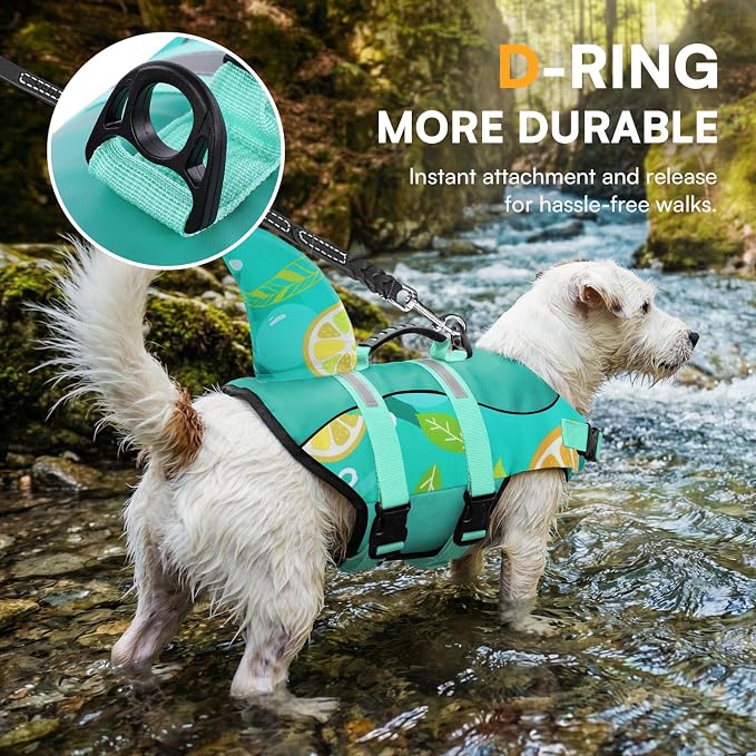 Dog Life Jacket with Rescue Handle - Adjustable Reflective Dog Shark Life Vest for Small Dogs, Green Print