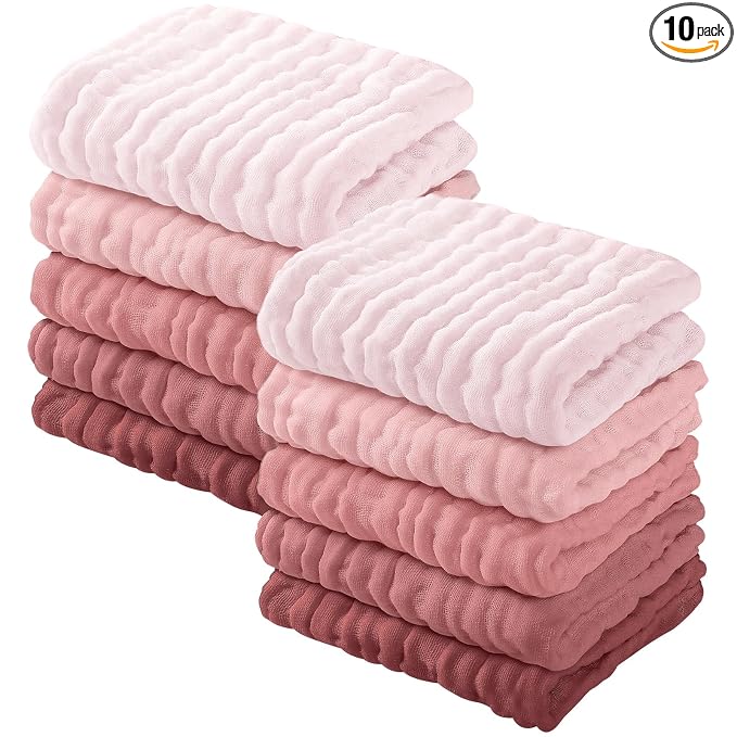 Yoofoss Muslin Baby Washcloths 100% Organic Cotton Face Towels 10 Pack Wash Cloths for Baby 12x12in Soft and Absorbent Baby Wipes (Gradient Pink)