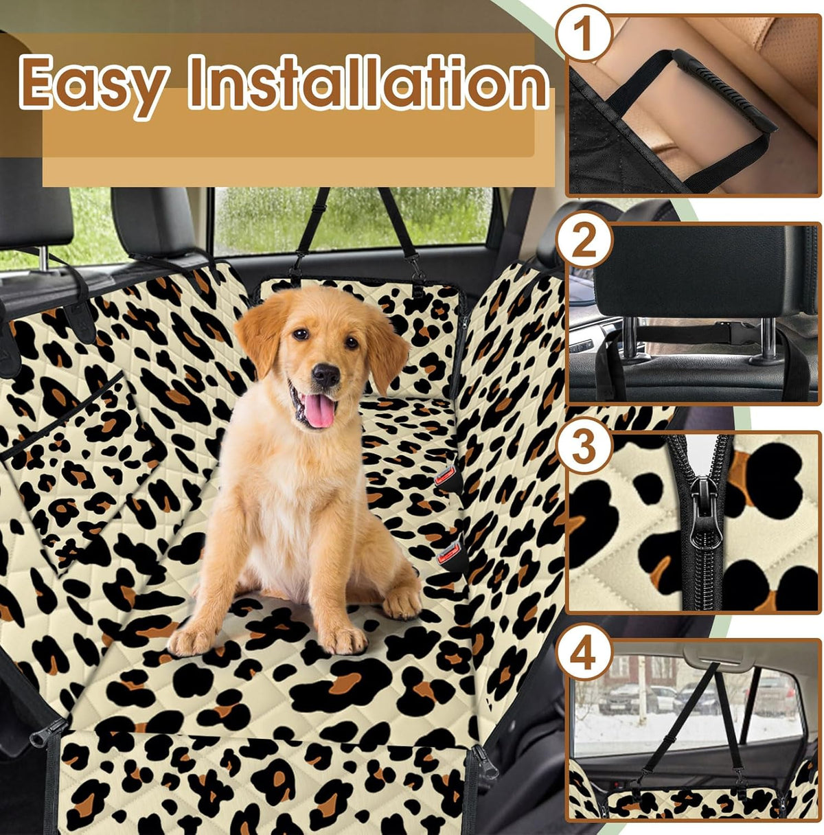Dog Car Seat Cover, Durable Waterproof Scratch Proof Nonslip Dog Hammock, Back Seat Covers with Pocket for Cars SUVs and Trucks - S, Leopard/Black