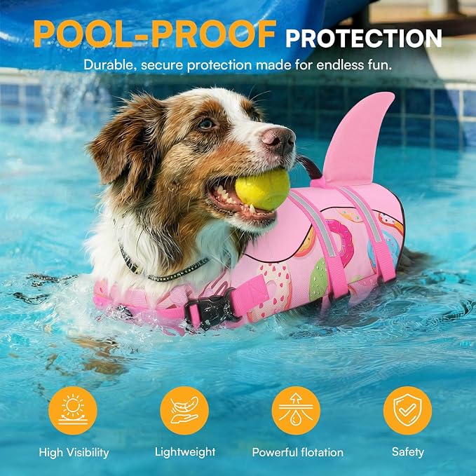 Dog Life Jacket, Dog Life Vest for Swimming, Doggie Shark Swimming Vest with Rescue Handle, Adjustable Reflective Pet Lifesaver Preserver for Small Dogs, Pink Donut XS
