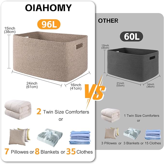 OIAHOMY XXLarge Rectangle Blanket Basket-96L, Cotton Woven Basket for Storage, Dirty Clothes Basket for Living Room, Nursery, Bedroom, Toy Organizing with Handle, 24" x 16" x 15",Brown variegated