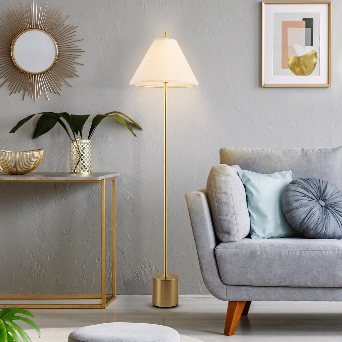 GLOBE Electric 61000060 60" Floor Lamp, Matte Brass Finish, Beige Linen Shade, Heavy Weighted Base, Rotary Switch on Shade, Modern Standing Light for Living Room, Home Office Accessories