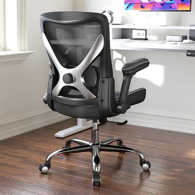 Office Home Ergonomic Desk Chair-Computer X-Shaped Chair Mesh PU Leather with Adjustable Lumbar Support-Executive Chair High Back Flip-Up Arms for Long Hours (Black-Silver-No Headrest)