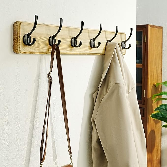Dseap Coat Rack Wall: 24" Long, Patented, Heavy-Duty, 6-Double-Hooks Wooden Wall Mounted Coat Rack Coat Hanger Hook Rail for Winter Coats Hat Jacket Clothing, Light Brown, Pack of 2