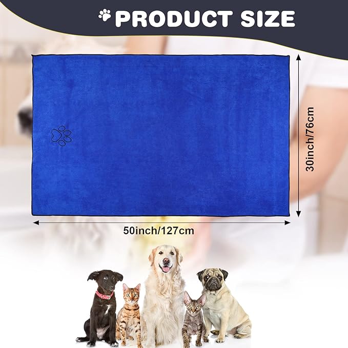 Chumia 4 Pack Dog Towels for Drying Large Microfiber Grooming Tools Absorbent Soft Bath Supplies with Embroidered Paw for Small Medium Pet Products(30 x 50 Inch,Blue)