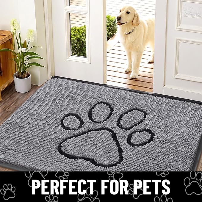 Smiry 2 Piece Dog Door Mat for Muddy Paws, Absorbent Dirt Trapper Non Slip Quick Dry Washable Chenille Mat for Mud Dogs, Entry Rug for Indoor and Outdoor (24x16 Inches, Grey)