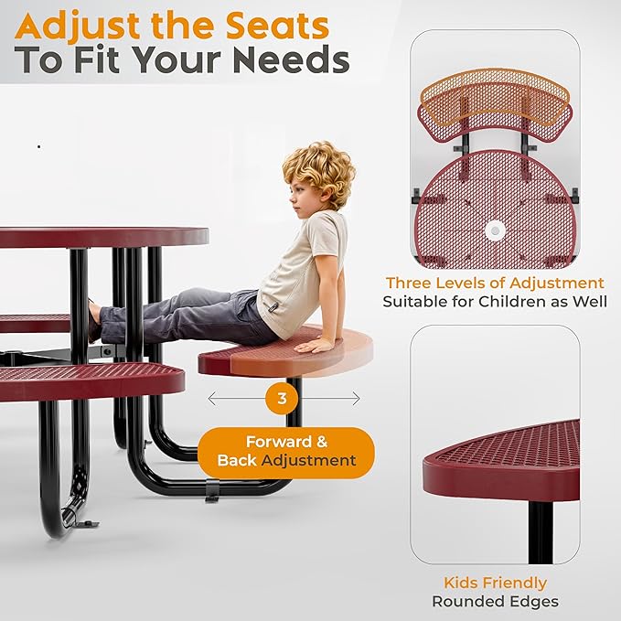 Metal Picnic Tables for Outdoors with Umbrella Hole - Coated Steel Heavy Duty Commercial Grade Furniture Set with Adjustable Seats (Red, 38 in, Round, Expanded Steel)