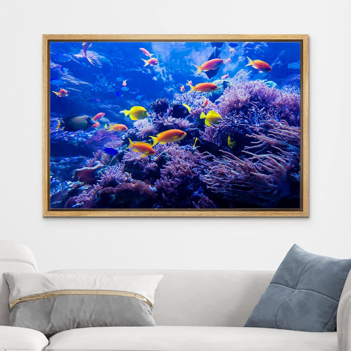 wall26 Framed Canvas Print Wall Art Purple Blue Vibrant Anemone Coral Reef Fish Nature Animals Realism Rustic Scenic Landscape Wilderness Colorful for Living Room, Bedroom, Office - 24"x36" Natural