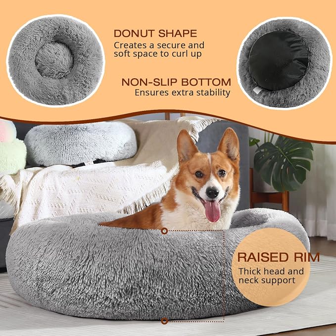 JOLLYVOGUE Dog Bed, Calming Anti-Anxiety Large Dog Bed, Fluffy Donut Cushion for Medium and Large Pets (27"/30"/36")