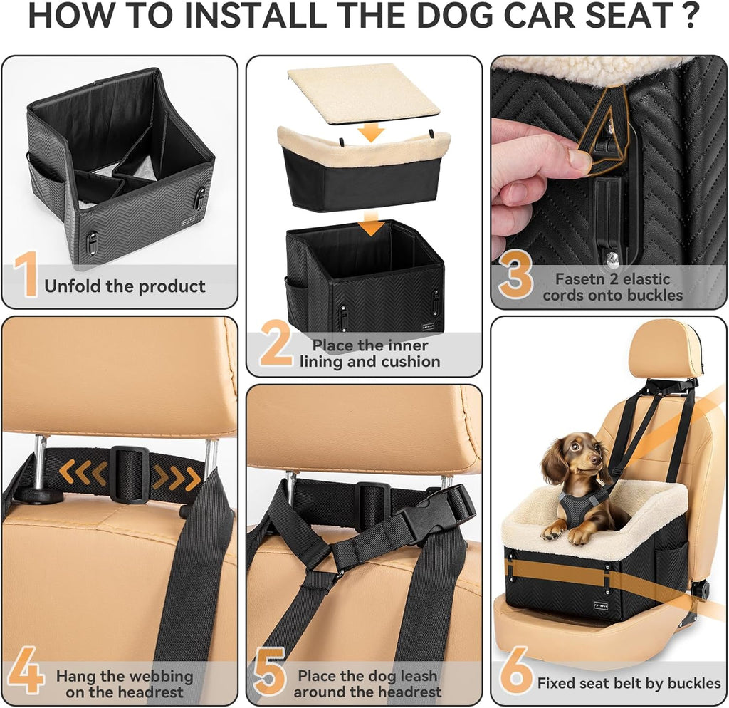 PETSFIT Small Dog Car Seat, Waterproof PU Leather Dog Booster Car Seat with Patented Safe Buckles, Detachable Dogs Seat Belt for Car, Dog Car Seat Medium Sized Dog up to 30 lbs (Black)