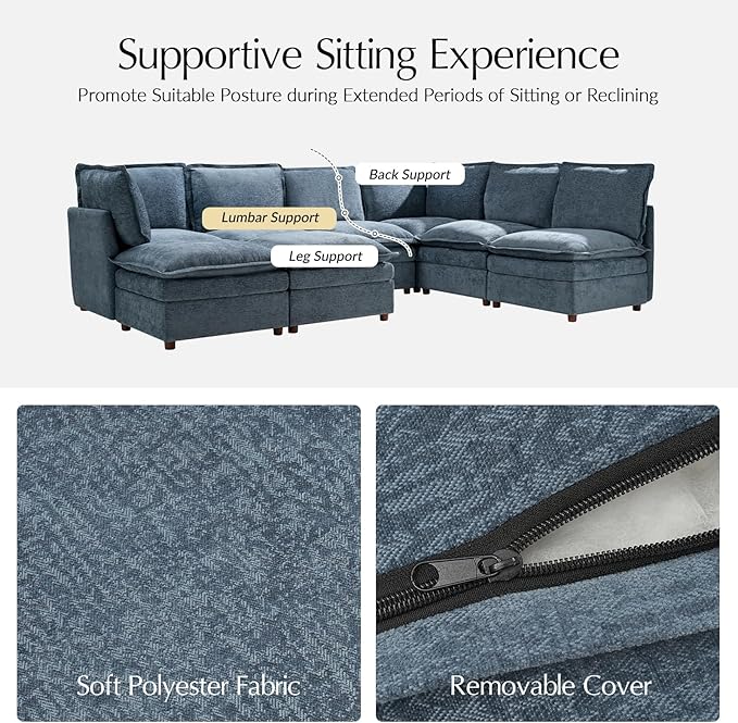 HULALA HOME 128'' Power Recliner Sofa with Dual-Layered Cushions, Oversized Modular Sectional Sofa U Shaped Couch with Storage Ottoman, 6 Seater Cloud Couch for Living Room, Blue