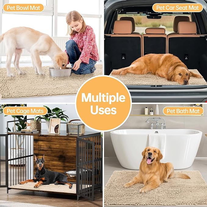Absorbent Dog Door Mat for Muddy Paws, 60" x 48" Chenille Indoor Mats for Entryway, Trap Dirt Front Door Mat Indoor Entrance Washable Non Slip Soft Beige
