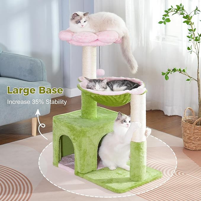 Flower Cat Tree 34 Scratching Post Small Cat Tower for Large Cats, with 15.7”Large Hammock, Removable Top Bed and Wide Condo for Indoor Cats-Pink and Green