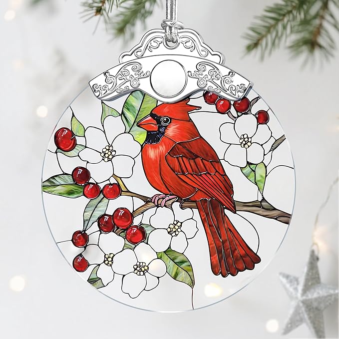 Cardinal Christmas Decorations - Stained Glass Ornament | Christmas Ornaments for Tree | Holiday Ornament | Red Bird Decor – Cardinal Memorial Gifts | Bird Lover Gifts | Gift Ideas & Xmas Gift