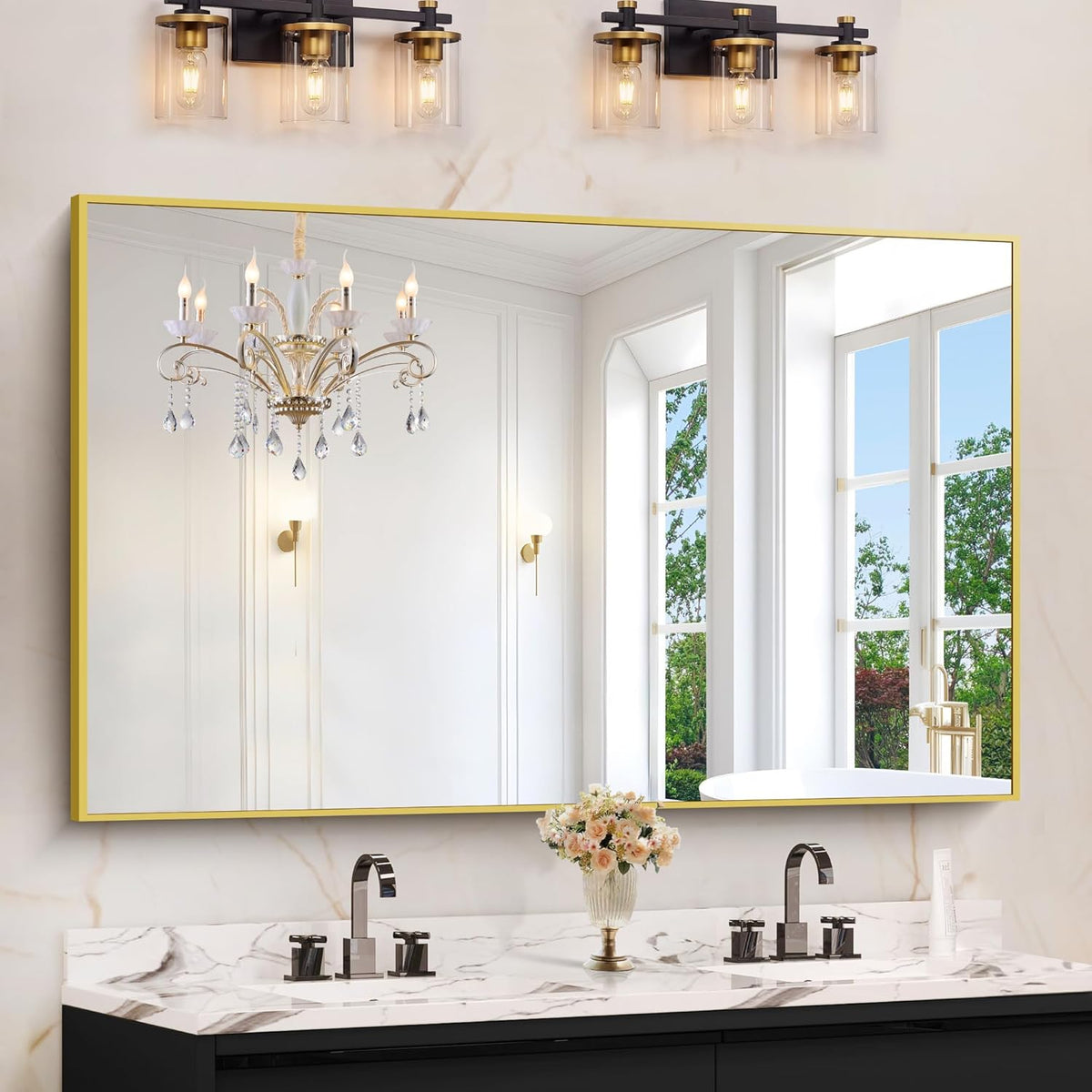 Gold Bathroom Mirror for Wall, 60x36 Inch Rectangle Mirrors with Metal Frame, Modern Vanity Wall Mirror Decor for Bathroom Living Room, Entryway Hangs Horizontal or Vertical