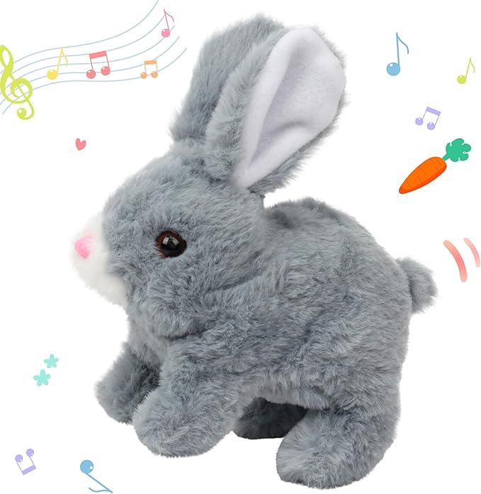 Hopearl Hopping Rabbit Interactive Electronic Pet Plush Bunny Toy with Sounds and Movements Animated Walking Wiggle Ears Twitch Nose Gifts for Toddlers Birthday, Gray, 7''