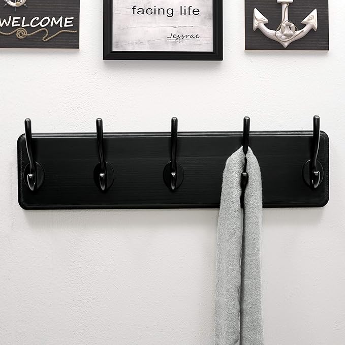 Dseap Wall Mounted Coat Rack: Patented, Heavy-Duty, 17.4" Long 5-Double-Hooks Wooden Hanger Rail for Winter Coats, Hats, Jackets, Clothing - Black, Pack of 2