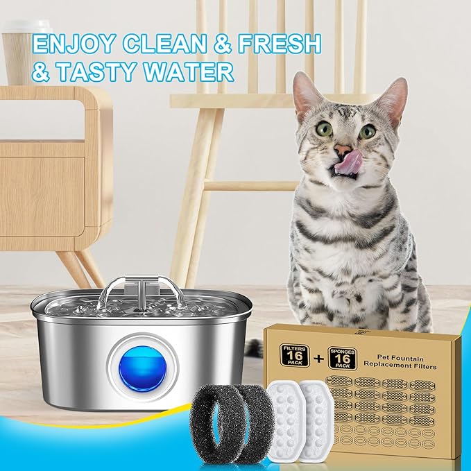 32 Pcs Cat Fountain Filters Replacement & Pre-Filter Sponges for 108oz Stainless Steel Pet Water Fountain with Water Level Window
