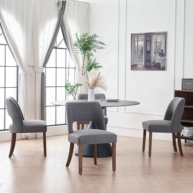 VKNOW Wooden Dining Chairs Set of 4, Modern Fabric Upholstered Dining Room Chair Kitchen Chairs, Farmhouse Dinner Chair for Kitchen Dining Room, Fabric Grey