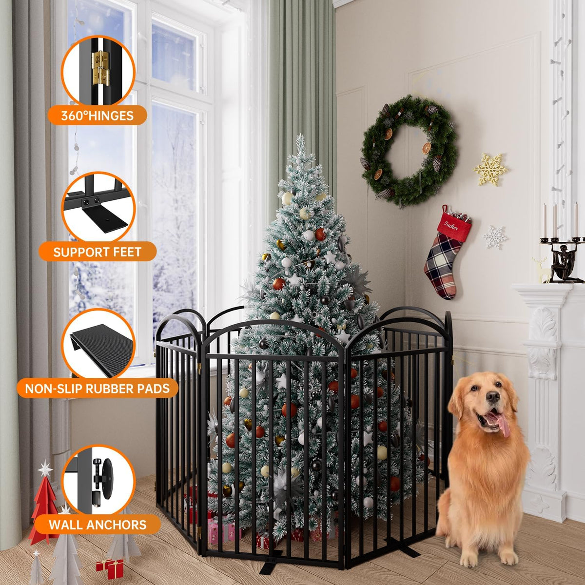 8 Panles Full Matel Freestanding Dog Gates with Door, 192"Extra Wide 36"Tall Free Standing Dog Pet Gate for Indoor & Outdoor. Foldable Pet Fences for Doorways, House, Stairs, Porch, Deck, Yard