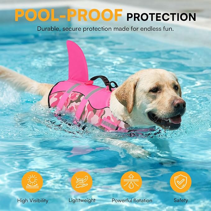 Dog Life Jacket Ripstop Dog Shark Safety Vest Adjustable Preserver with High Buoyancy and Durable Rescue Handle for Small,Medium,Large Dogs, Pink Camouflage Small