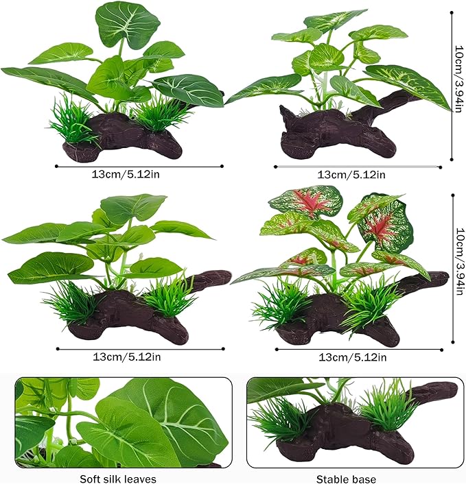 Silk Aquarium Plants for Fish Tank, Betta Fish Decor, Plastic & Fake Plants Realistic for Reptile Terrarium, Turtle, Leopard Gecko & Ball Python Habitat, Silk Plants for Betta Fish Tank
