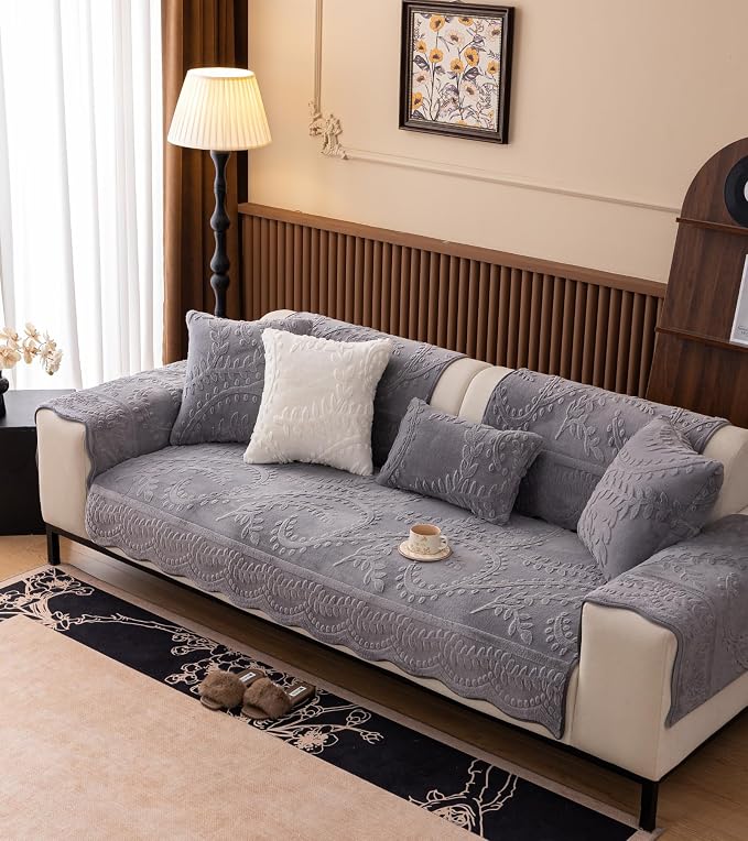 Grey Fuzzy Rabbit Plush Sofa Cover Cozy Warm Sofa Couch Covers with 3D Jacquard Leaf Pattern Non-Slip Easy-to-Install Shaggy Sofa Slipcover Prefect for Kids Dogs Cats Cats(Grey,36"x110")