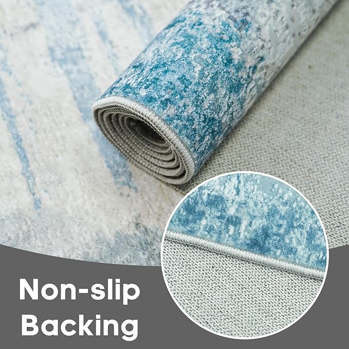 2.6x14 Extra Long Runner Rug Grey Abstract: Washable Non-Slip Carpet for Hallways - Soft Low-Pile Thin Indoor Runner for Long Spaces 2.6x14 Blue