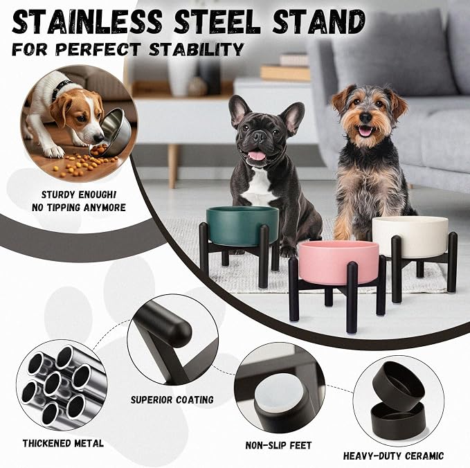 Raised Ceramic Dog Bowl Set with Stand, 2 Cups Elevated Dog Food Stand | 6.1'' Single Dog Food or Water Bowl Set, Non-Slip Dog Feeding Dishes for Small to Medium Breeds, 28.75 OZ, Grey