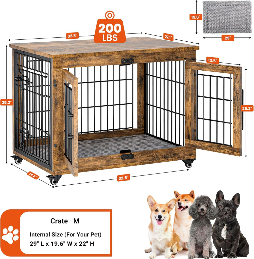 Lulive Dog Crate Furniture, Dog Kennel Indoor Double Doors Wooden Dog Cage, 32'' Heavy Duty Dog Crate with Cushion & Wheels, Decorative End Table Pet House Chew-Resistant for Medium/Small, Brown